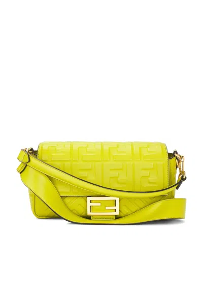 Pre-owned Fendi Embossed Ff Baguette Shoulder Bag In Green