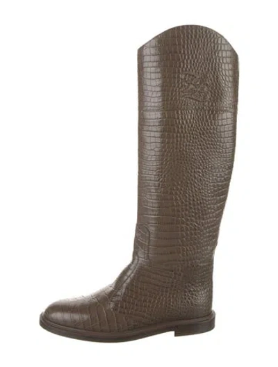 Pre-owned Fendi Embossed Leather Animal Print Riding Boots In Brown