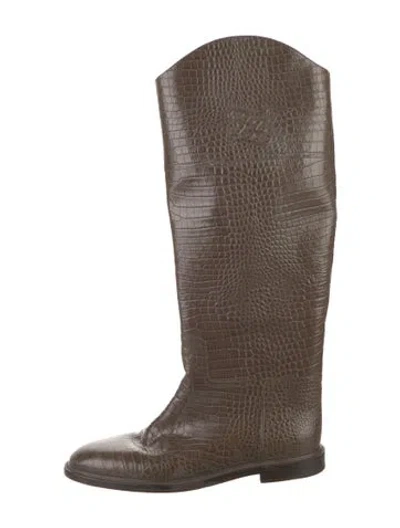 Pre-owned Fendi Embossed Leather Animal Print Riding Boots In Brown