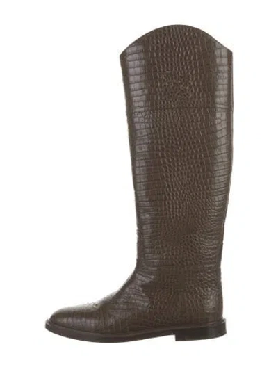Pre-owned Fendi Embossed Leather Animal Print Riding Boots In Brown