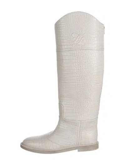 Pre-owned Fendi Embossed Leather Animal Print Riding Boots In Neutrals