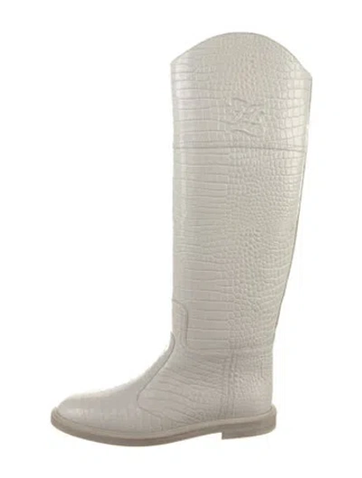 Pre-owned Fendi Embossed Leather Animal Print Riding Boots In White