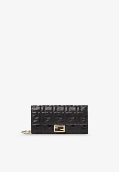 Fendi Embossed Leather Continental Chain Clutch In Black