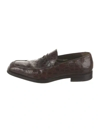Pre-owned Fendi Embossed Leather Loafers In Brown
