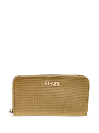Pre-owned Fendi Embossed Leather Zipper Wallet In Gold