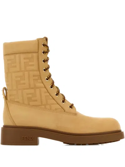 Fendi Women Beige Combat Boots With Tone-on-tone Ff Motif And Side Logo In Leather Woman In Multi