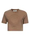Fendi Beige Washed-out Cropped T-shirt With Logo In Brown