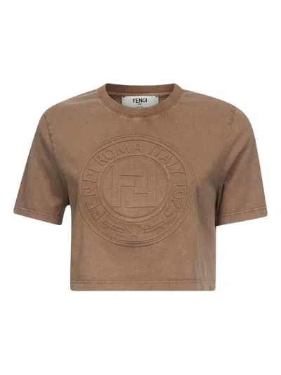 Fendi Embossed-logo Cropped T-shirt In Brown