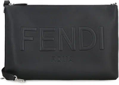 Fendi Embossed Logo Leather Clutch In Black