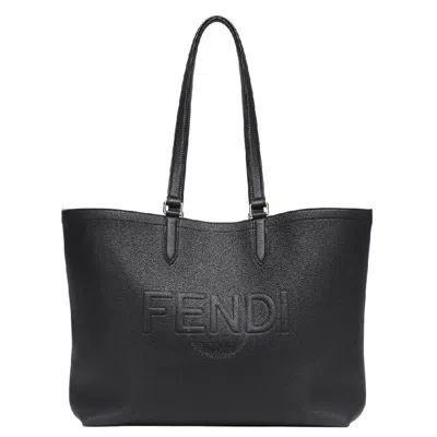 Fendi Embossed Logo Leather Tote Bag In Black