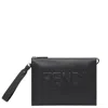 Fendi Embossed Logo Zipper Leather Clutch In Black