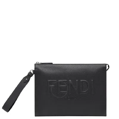 Fendi Embossed Logo Zipper Leather Clutch In Black