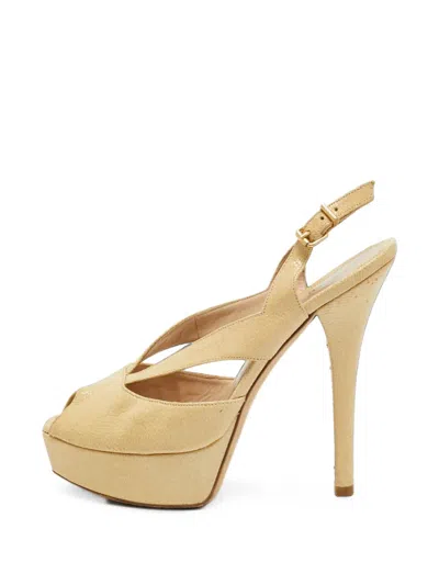 Pre-owned Fendi Embossed-leather Slingback Platform Sandals In Neutrals