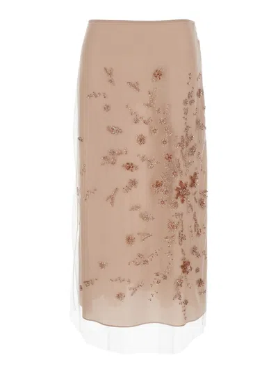 FENDI FENDI WOMEN PINK SKIRT WITH LAYERED DESIGN AND BEAD DECORATIONS IN FABRIC WOMAN