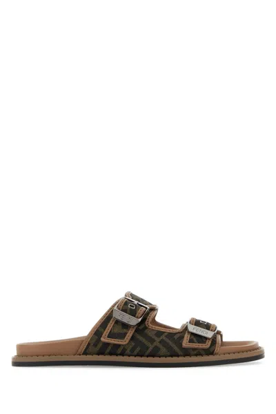 Fendi Embroidered Canvas  Feel Slippers In Brown