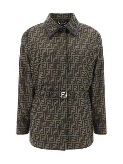 Fendi Embroidered Canvas Shirt In Tabacco
