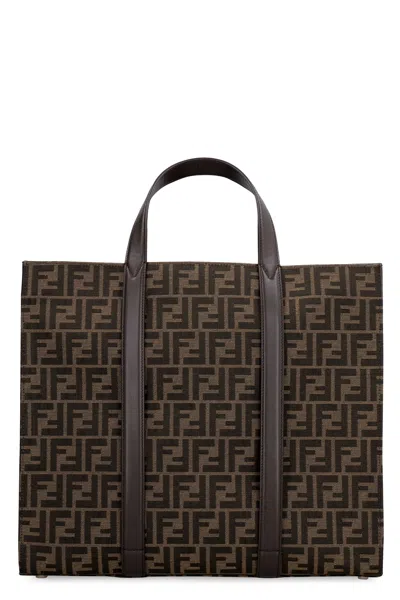 Fendi Embroidered Canvas Shopping Bag In Brown