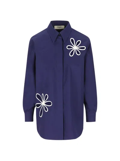 Fendi Embroidered Cotton Shirt In Blue