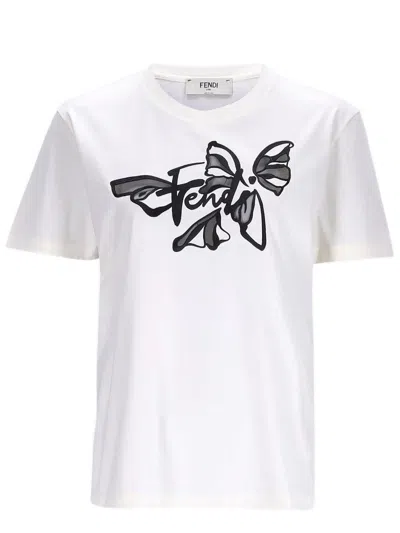 Fendi Embroidered Crew Neck T-shirt For Women - Ss26 In White