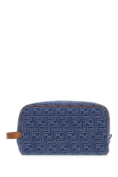 Fendi Medium Toiletry Case In Denim-effect Ff Jacquard In Blue