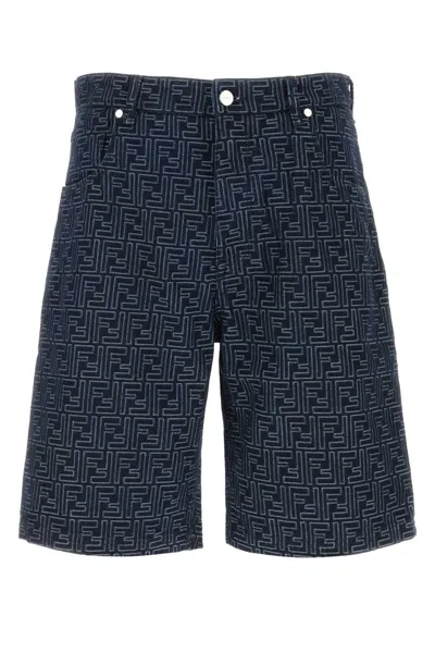 Fendi Embroidered Denim Bermuda Shorts In Printed