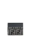 Fendi Embroidered Denim Card Holder In Black