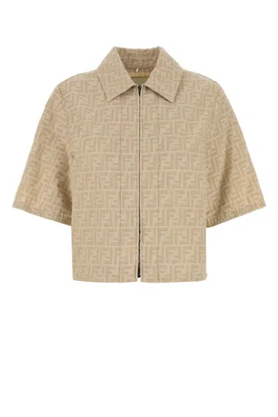 Fendi Embroidered Denim Shirt In Neutral