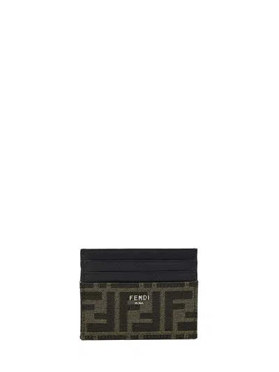 Fendi Credit Card Holder In Leather And Cotton With Monogram Motif In Brown