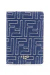 Fendi Card Holder In Jacquard Ff Blue Denim Effect And Brown Leather Men In Blue
