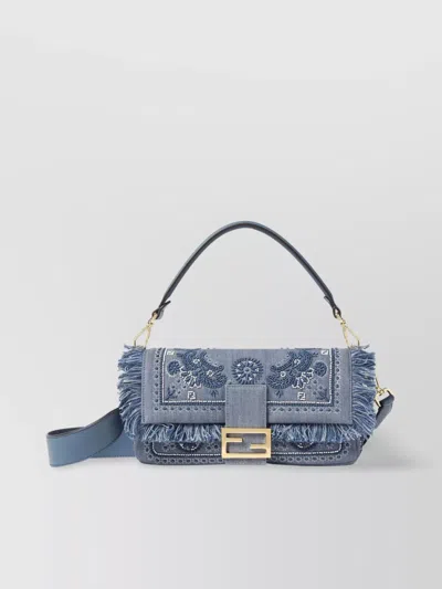 Fendi Embroidered Fringe Top Handle Shoulder Bag In Blue