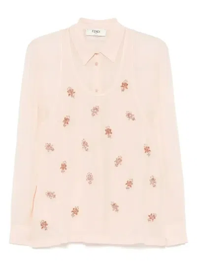 Fendi Women Georgette Top With Rhinestones And Sequins Embroidery In Multi