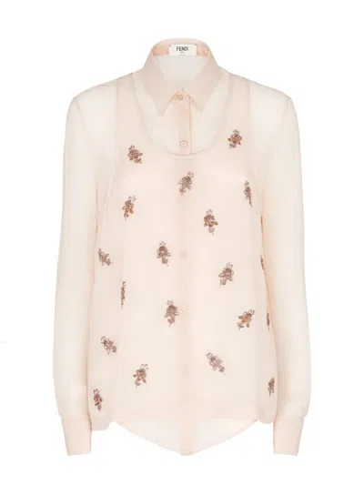 Fendi Women Georgette Top With Rhinestones And Sequins Embroidery In Multi