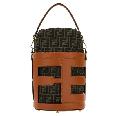 Fendi Embroidered Jacquard Leather Bucket Bag In Brown