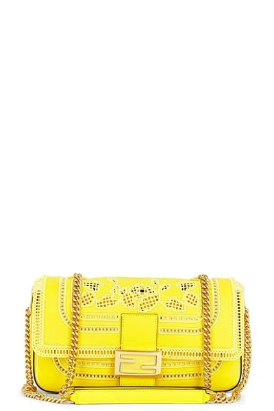 Pre-owned Fendi Embroidered Leather Shoulder Bag In Yellow