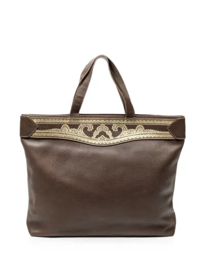 Pre-owned Fendi Embroidered Leather Tote Bag In Brown