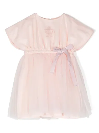 Fendi Babies' Embroidered-logo Bow-detailing Dress In Pink