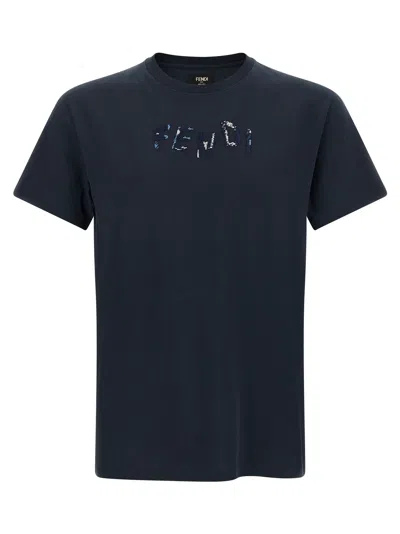 Fendi Embroidered Logo Cotton T-shirt In Blue
