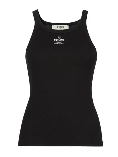 Fendi -free Slim-fit Sleeveless Ribbed Tank With Embroidered Rome Logo In Black