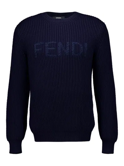 Fendi Embroidered-logo Long-sleeved Sweater In Blue