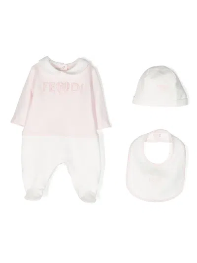 Fendi Embroidered-logo Panelled Babygrow Set In Pink