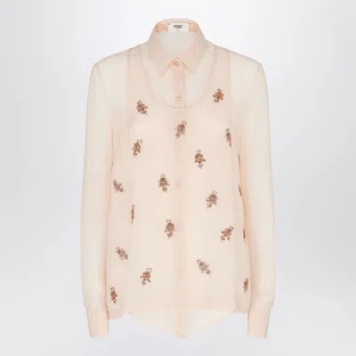 Fendi Embroidered Pink Georgette Shirt In White