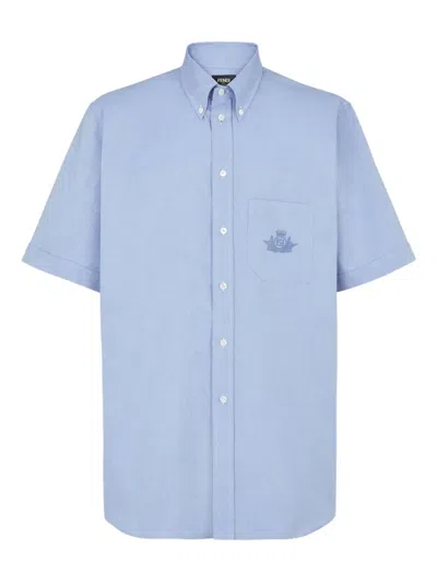Fendi Embroidered-pocket Short-sleeve Shirt In Blue