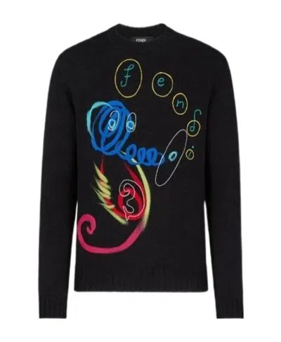 Fendi Embroidered Pullover With Logo In Black