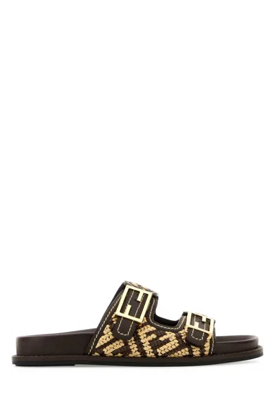 Fendi Slide Sandals With Patterned Woven Upper In Brown