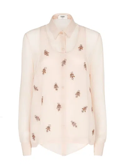 FENDI FENDI EMBROIDERED SHEER GEORGETTE TOP WITH CLASSIC COLLAR