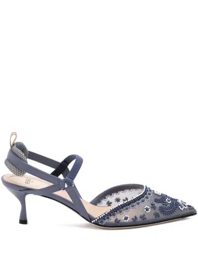 Fendi Blue Embroidered Mesh Medium-heeled Slingbacks