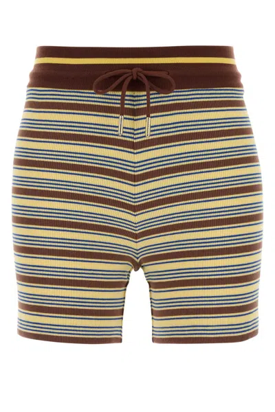 Fendi Embroidered Stretch Cotton Shorts With Striped Detail In Brown