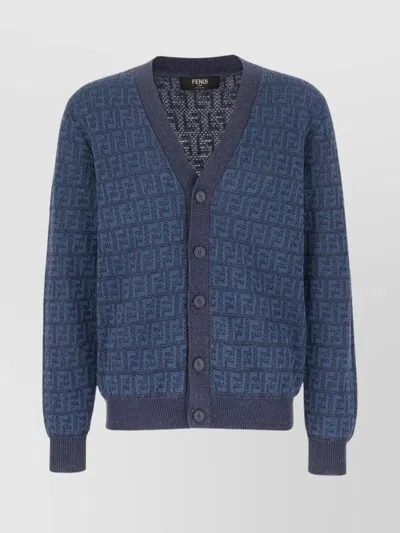 Fendi Embroidered Stretch Linen Blend Cardigan In Blue