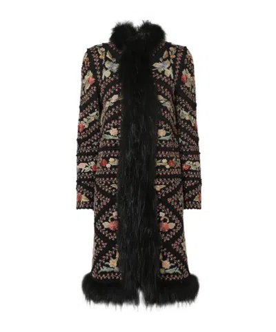 Fendi Embroidered Tulle Coat With Fox Fur Trim In Brown