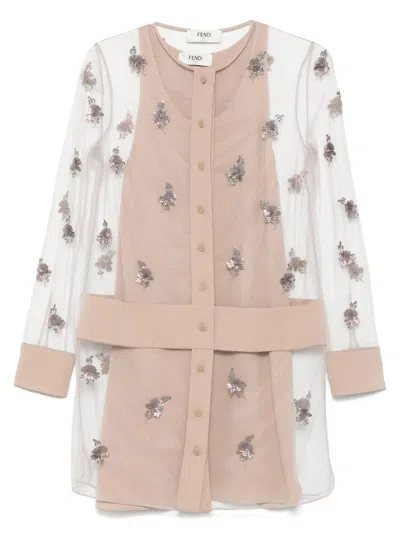 FENDI EMBROIDERED TULLE MINI DRESS